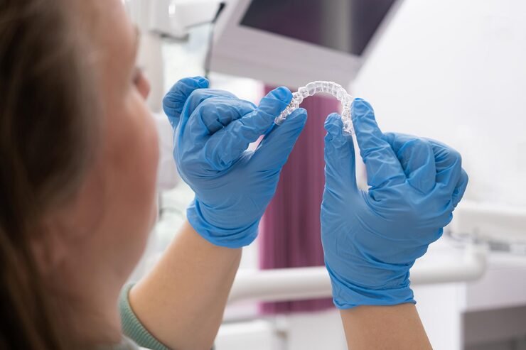 Patient Trying On Invisible Clear Aligners At The Clinic