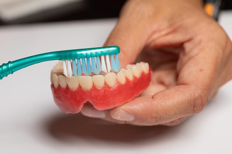 Cleaning Dentures With A Toothbrush For Hygiene