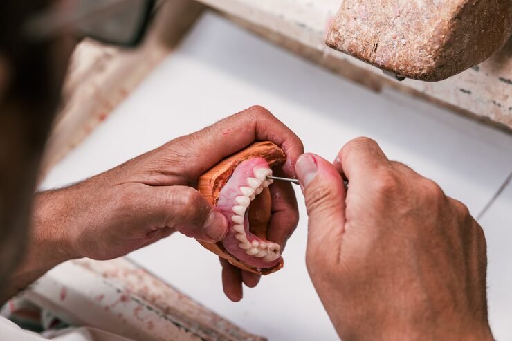 Dental Technician Fixing A Prosthesis In A Laboratory